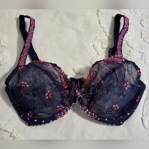 🌸 PrimaDonna Navy+Pink Floral Embroidered Strap Luxury Full Cup Bra Sheer Mesh